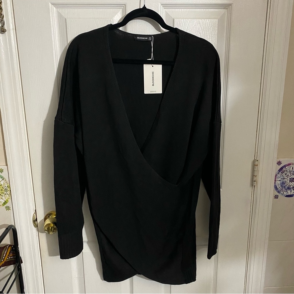 Bloomchic 18 Black Tulip Hem Wrap Front Deep V-Neck Waffle Knit Sweater